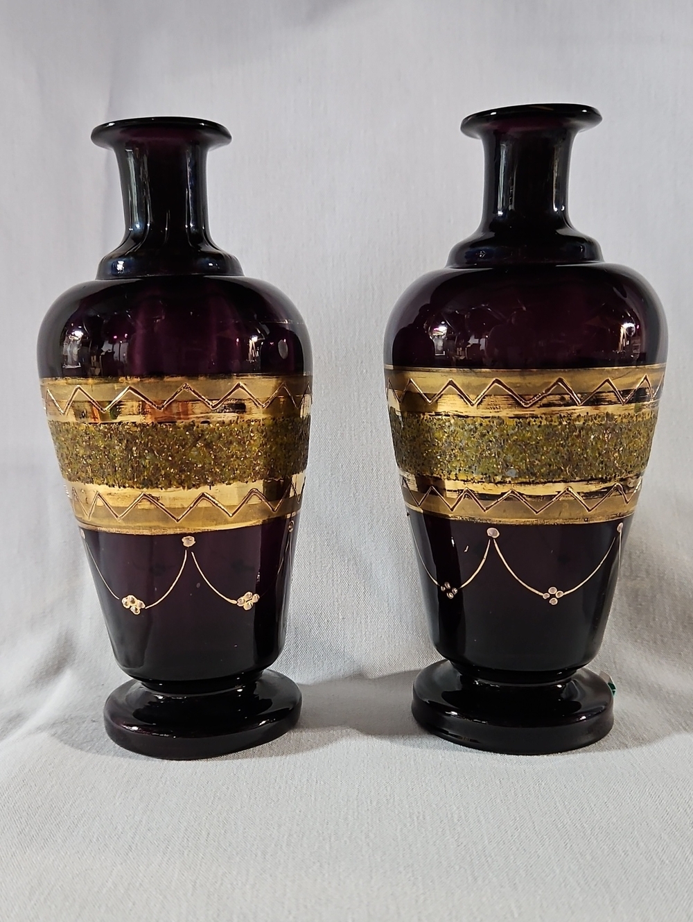 Vintage Italian Amethyst Glass Vases Set of 2 - Marked Gold Gilt Enamel Friezes